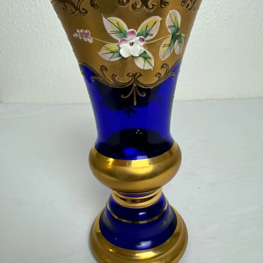 Vintage MCM Enamel Cobalt Blue Luxury Bohemian Czech Crystal Vase 24K Gold